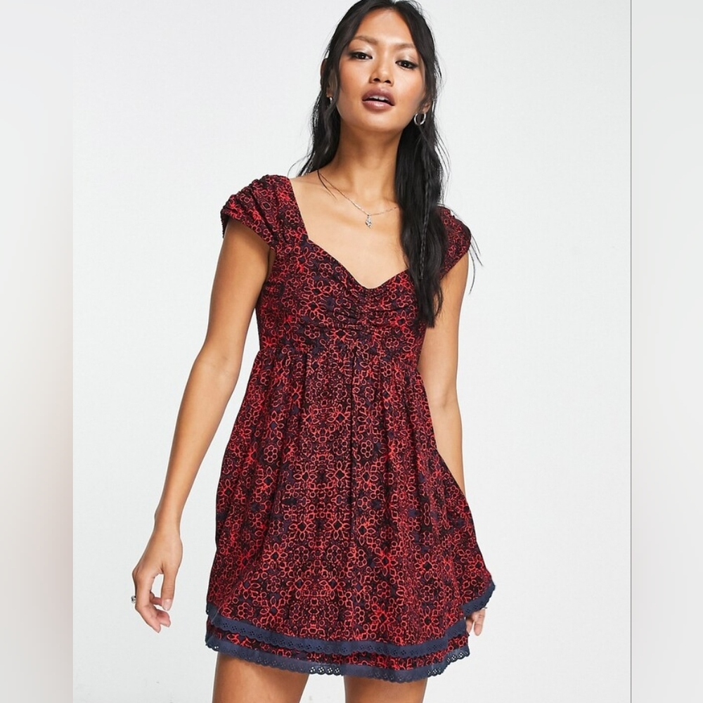 Free People TABITHA Red Navy Blue MINI DRESS